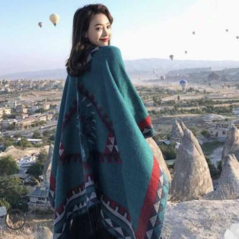 精选民族风空调房披肩女士加厚羊绒围巾西藏旅游斗篷式披肩两用外