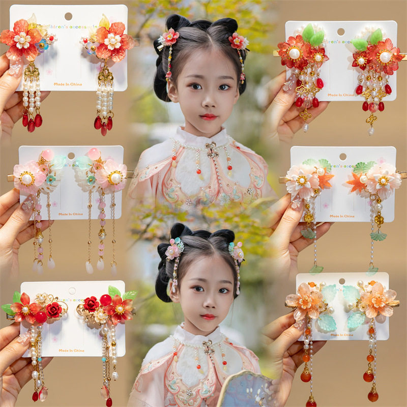 新品 儿童红色琉璃发饰女童古风花朵发卡汉服喜庆发夹古装边夹发,童装/婴儿装/亲子装,发饰,淘宝优惠券,粉丝福利购,淘宝优惠卷