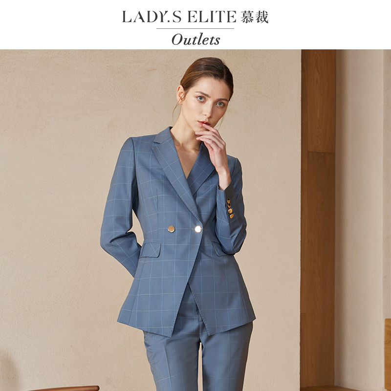 慕裁 蓝灰色格纹西装套装女羊毛混纺复古通勤职业套装商务正装