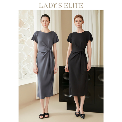 LadySElite 赫本风醋酸连衣裙女系带长裙飞袖25春夏新款修身显瘦