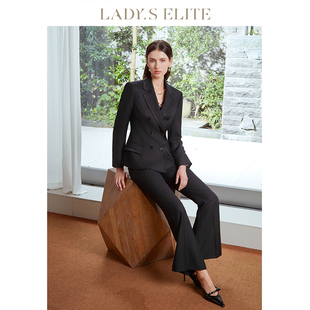 LadySElite/慕裁【大女主】职业套装25羊毛混纺缎雅黑西装/喇叭裤