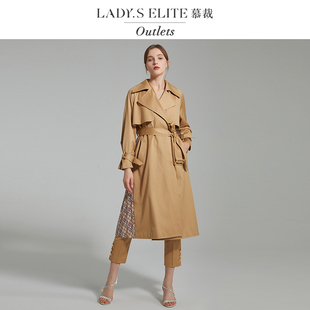 慕裁 夏春奶茶棕风衣女拼接格纹百褶复古通勤长袖外套