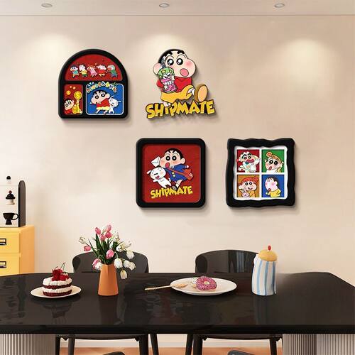 蜡笔小新客厅装饰画多巴胺电视背景墙挂画奶油风趣味卡通餐厅壁画