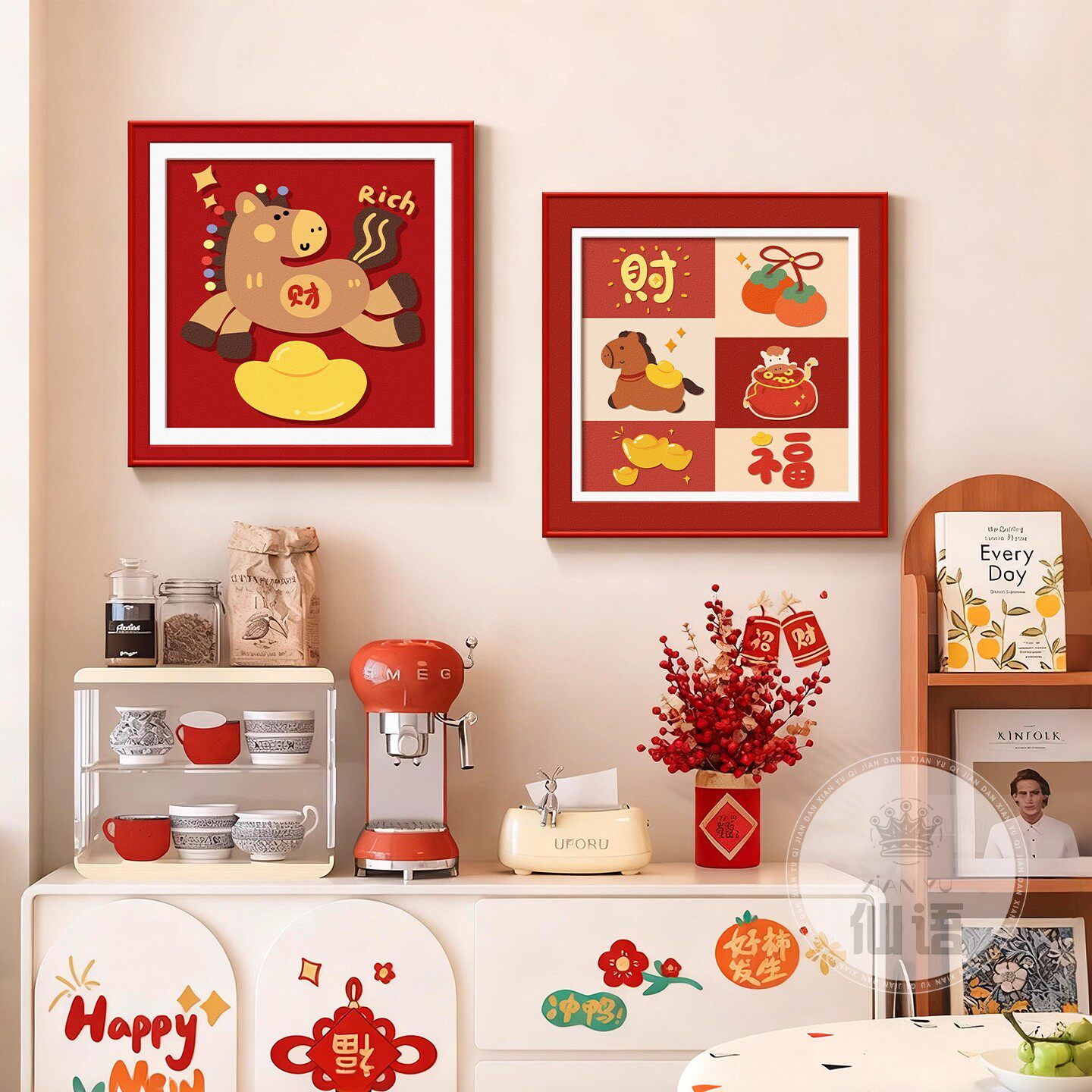 马上有钱新年客厅装饰画趣味卡通餐厅挂画多巴胺卧室玄关斗柜摆画,家居饰品,现代装饰画,淘宝优惠券,粉丝福利购,淘宝优惠卷