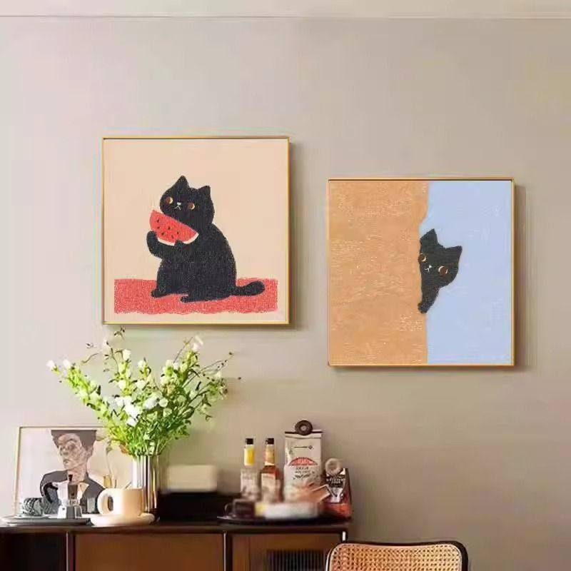 趣味小猫咪餐厅玄关装饰画奶油风儿童房壁画卡通动物卧室床头挂画