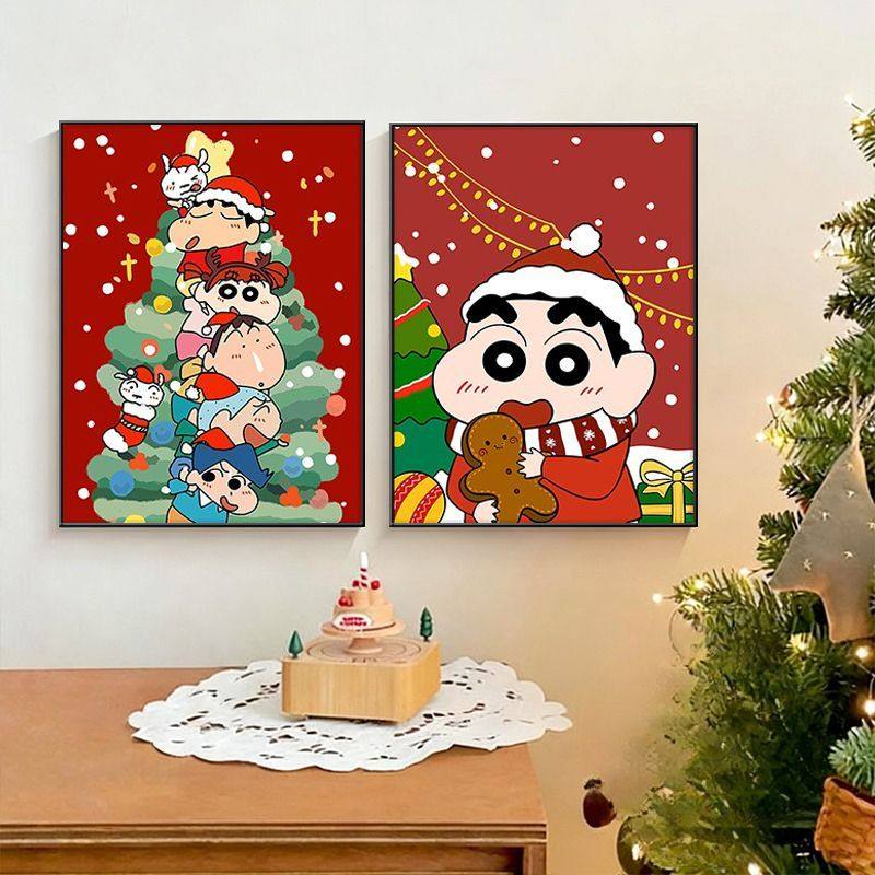 蜡笔小新圣诞节氛围感装饰壁画卡通多巴胺客厅卧室儿童房布置挂画