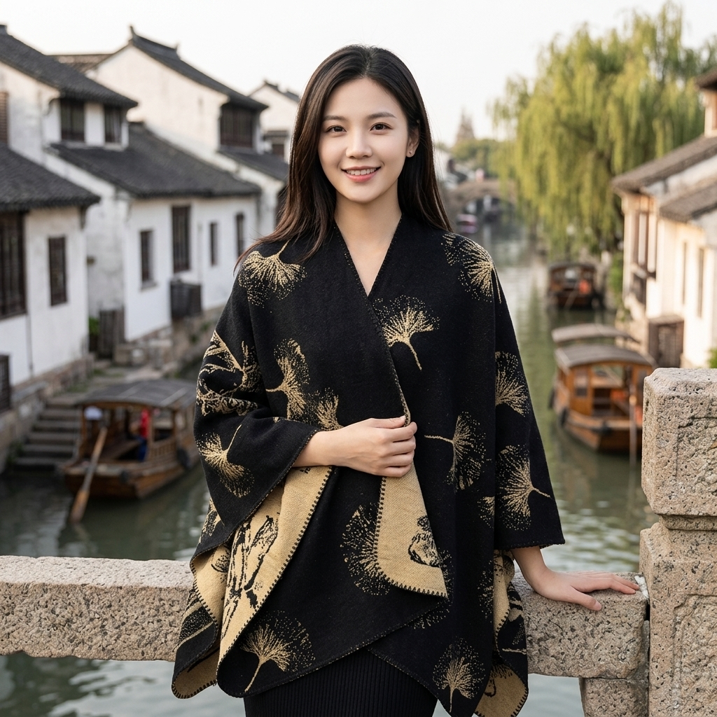 银杏叶披肩女2026民族风新中式黑色披风围巾旗袍外搭斗篷江南旅游
