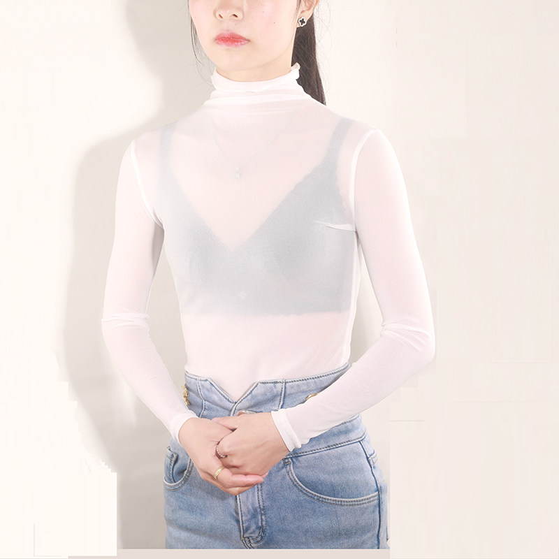 高领网纱打底衫女夏薄款沙罩衫内搭纱衣透视洋气内衬长袖网纱上衣