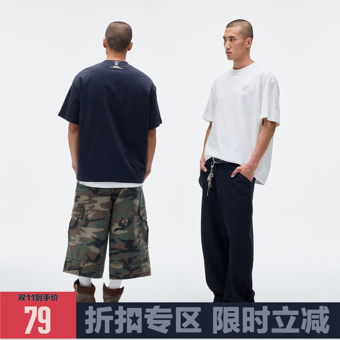 REDCHARCOAL红炭 金属五星做旧T恤男夏季重磅纯棉宽松男士上衣