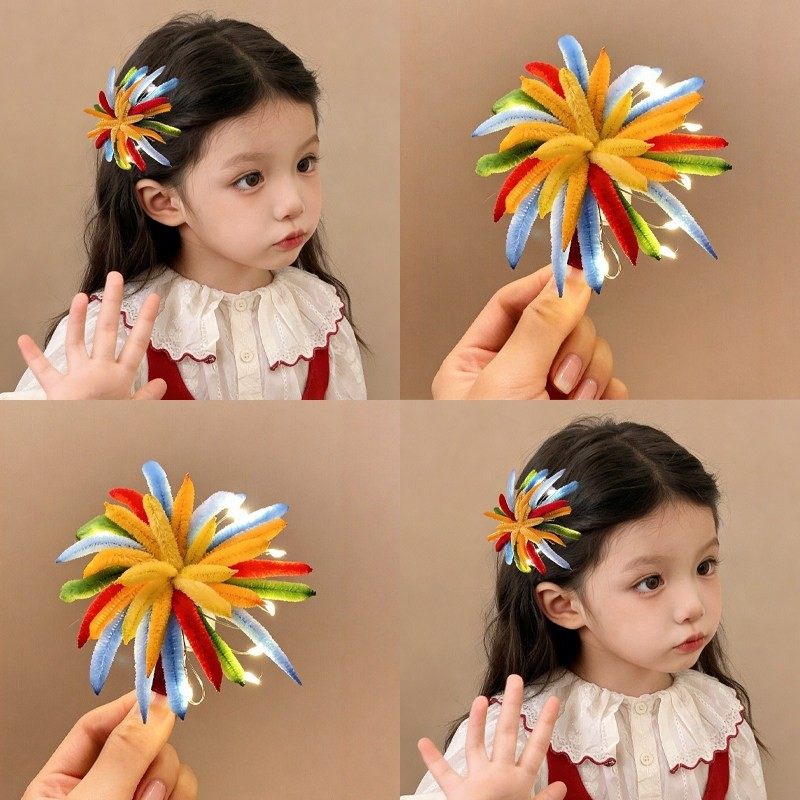 儿童国风彩色烟花发夹发光扭扭棒宝宝毛绒发饰新年跨年发卡头饰
