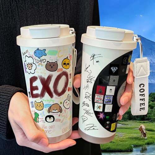 EXO应援涂鸦周边保温杯学生吸管大容量316不锈钢车载咖啡杯