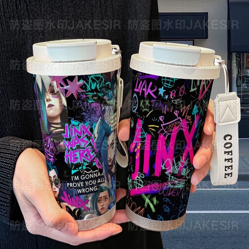 双城之战金克丝保温杯不锈钢学生高颜值吸管双饮大容量咖啡水杯男