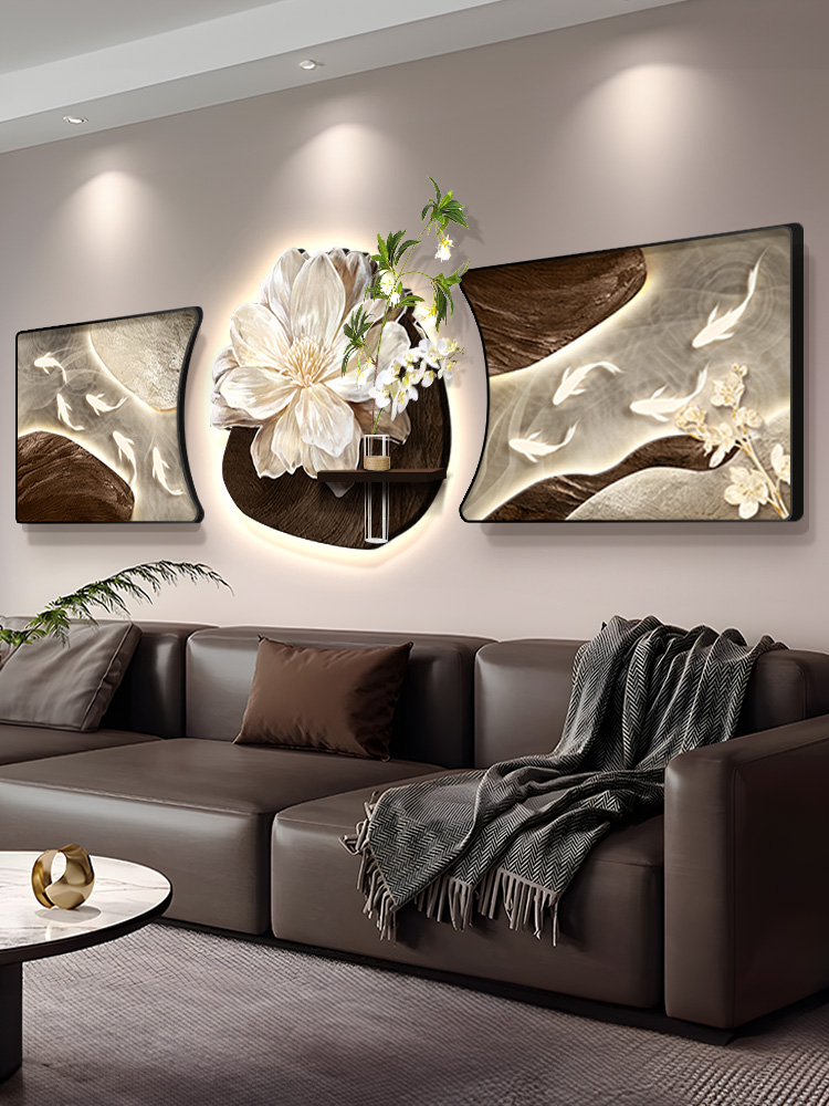 轻奢高级感沙发背景墙带灯装饰画客厅水培绿植三联挂画走廊壁灯画
