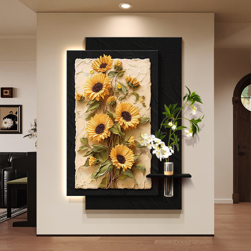 2025新款向阳而生玄关装饰画入户正对门水培挂画氛围带灯走廊壁画