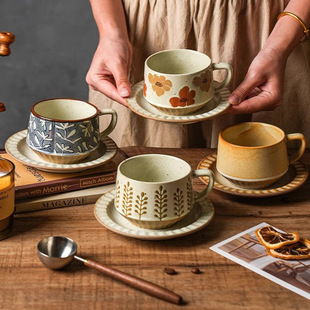 复古粗陶咖啡杯一杯一碟套装轻奢高级感小众设计风陶瓷咖啡杯碟