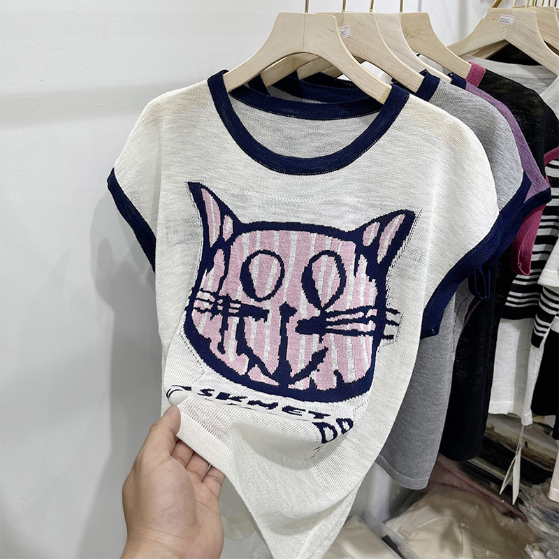 薄款大码女装冰丝针织衫女夏季新款卡通猫咪短袖t恤撞色内搭上衣