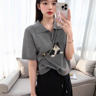 复古Polo领短袖 女夏季 法式 针织衫 翻领t恤上衣 新款 设计感显瘦短款