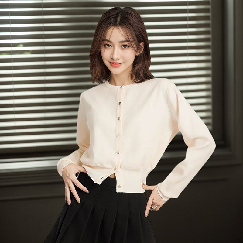 圆领针织外套小香风收腰开衫毛衣