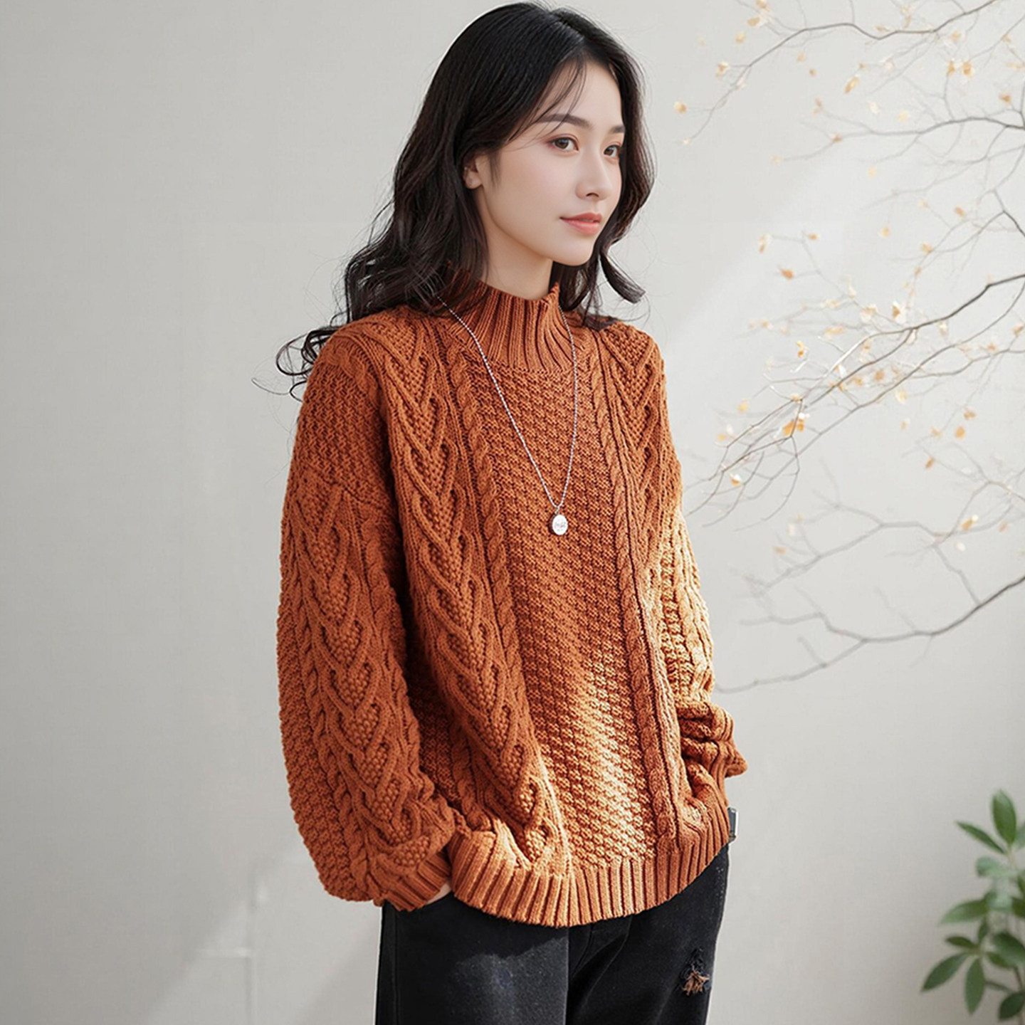 麻花半高领大码毛衣女宽松遮肉