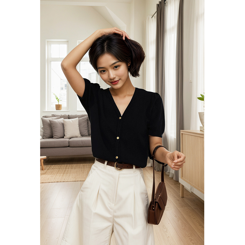 V领泡泡袖针织开衫外套女夏季新款气质百搭修身显瘦正肩短款上衣