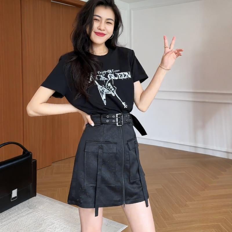 大码美式复古拼接短袖小黑裙女夏季新款胖mm显瘦假两件a字连衣裙