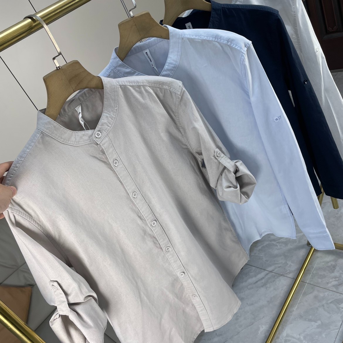 75棉+25亚麻可挽袖衬衫  外贸男装春季立领时尚百搭休闲长袖衬衣