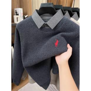 保罗衬衫领假两件毛衣男加绒加厚冬季一体绒保暖针织卫衣打底衫男