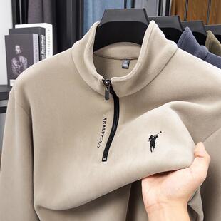 保罗双面绒卫衣男士秋冬新款保暖刺绣半拉链立领加厚上衣打底衫