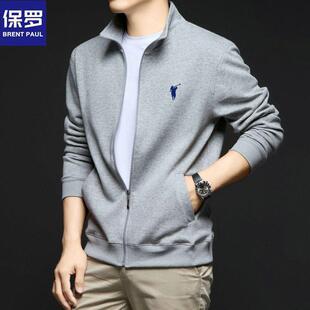 保罗正品灰色卫衣男士新款纯色上衣马标秋季开衫休闲立领外套男装