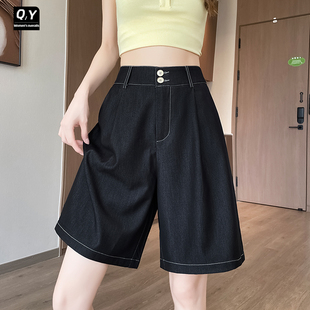 外穿宽松高腰冰丝直筒阔腿中裤 夏薄款 女2025新款 天丝五分牛仔短裤