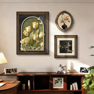 法式中古风餐厅装饰画饭厅背景墙挂画复古油画艺术组合壁画高级感