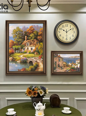 美式餐厅挂画带钟表客厅背景墙装饰画复古组合画挂钟欧式风景壁画