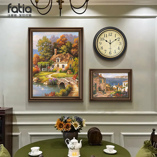 美式餐厅挂画带钟表客厅背景墙装饰画复古组合画挂钟欧式风景壁画