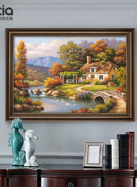 纯手绘油画客厅挂画美式风景画餐厅装饰画轻奢高级感欧式大气壁画