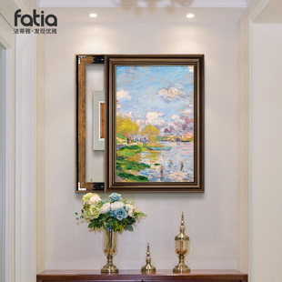 免打孔配电箱遮挡挂画左右推拉壁画 饰画竖版 美式 莫奈油画电表箱装
