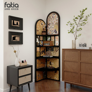 中古风转角置物架客厅落地三角柜覆古收纳柜高级感墙角书架高级感