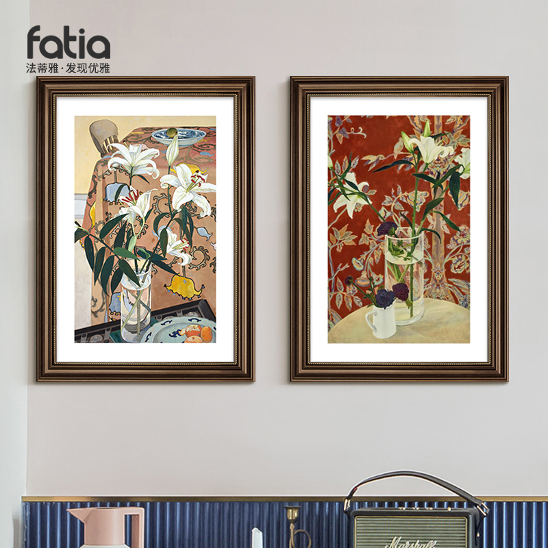 中古风装饰画百合花法式餐厅卧室挂画边柜摆画美式复古花卉壁画图片