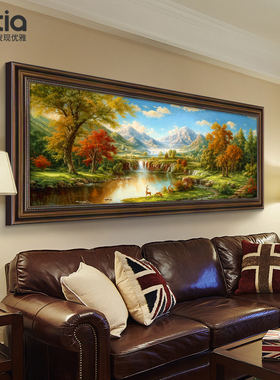 山水画手绘油画客厅挂画沙发背景墙装饰画2025新款壁画高级感欧式