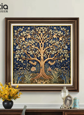 美式玄关装饰画幸福树复古油画餐厅发财树挂画走廊过道壁画高级感