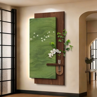中古风水培绿植玄关装饰画高级感入户走廊过道挂画客厅复古壁灯画