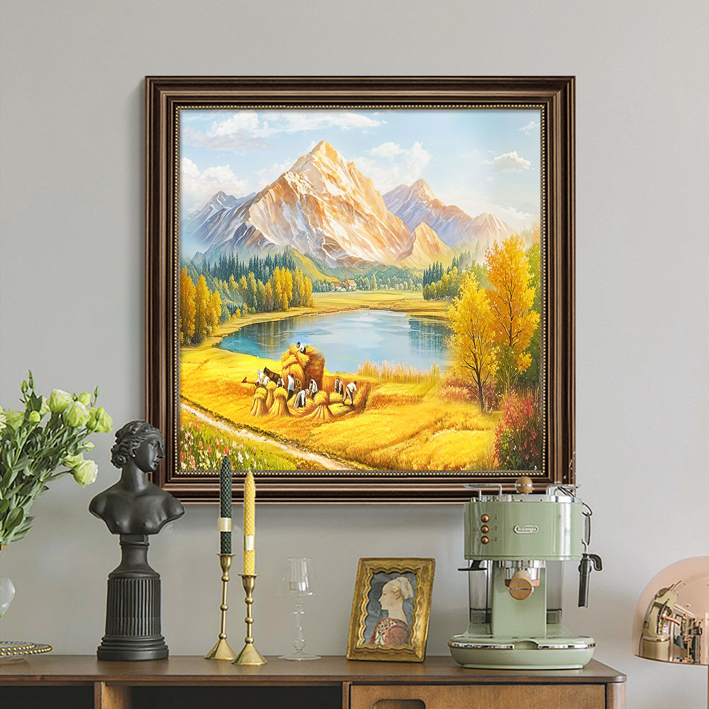 聚宝盆山水画靠山图客厅挂画日照金山风景油画餐厅玄关卧室装饰画