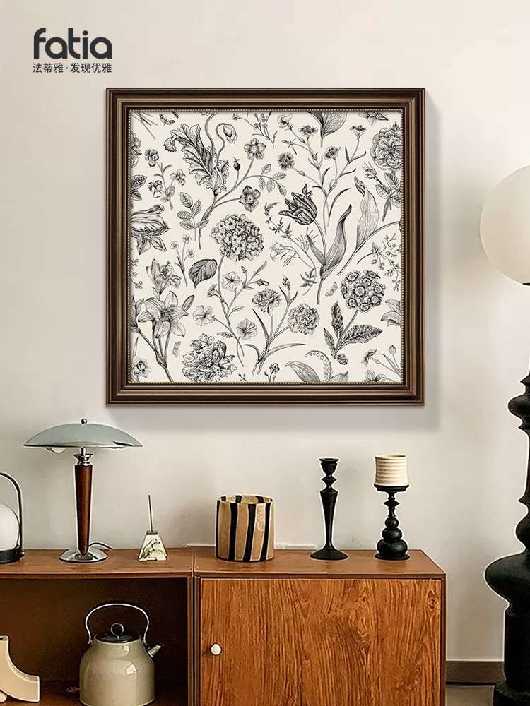 中古风植物线稿素描挂画入户玄关装饰画小众艺术挂画法式餐厅壁画