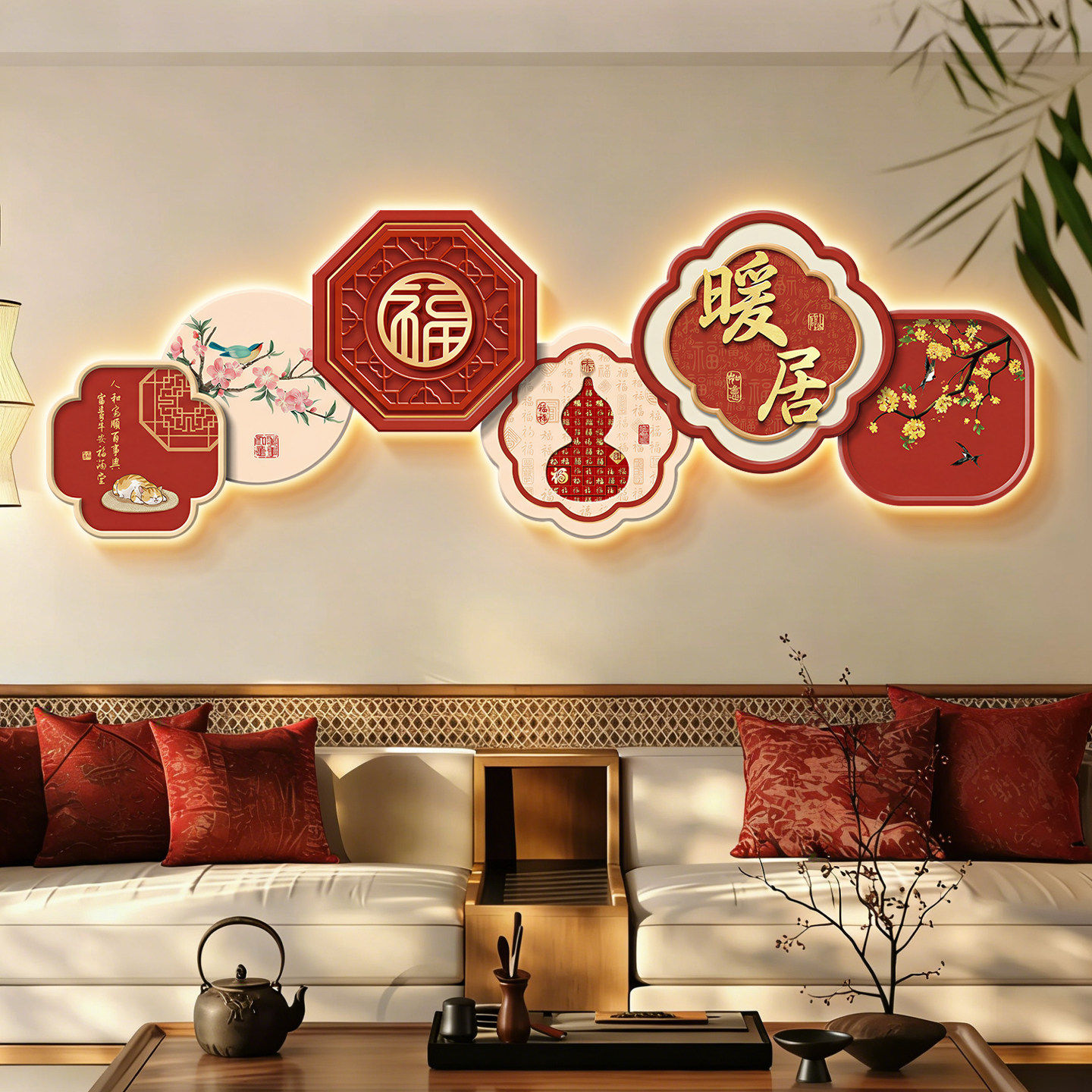 柿柿如意客厅装饰画福字灯画新中式沙发背景墙挂画高级感灯饰壁画,家居饰品,现代装饰画,淘宝优惠券,粉丝福利购,淘宝优惠卷