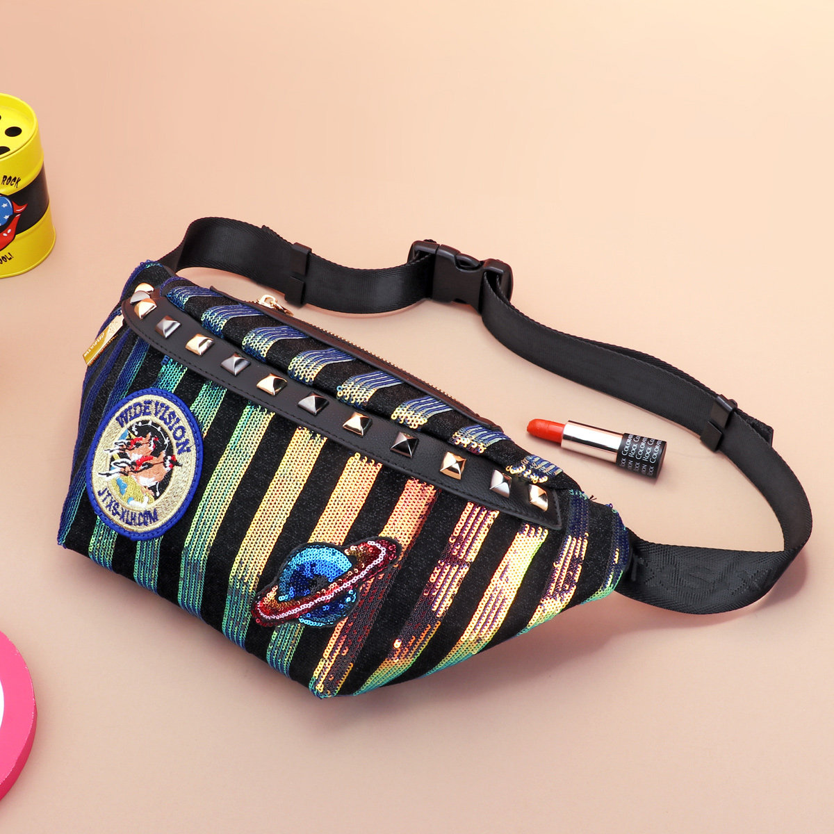 JTXS幻彩亮片胸包女斜跨百搭小前跨包香港潮牌胸包原创街头运动风