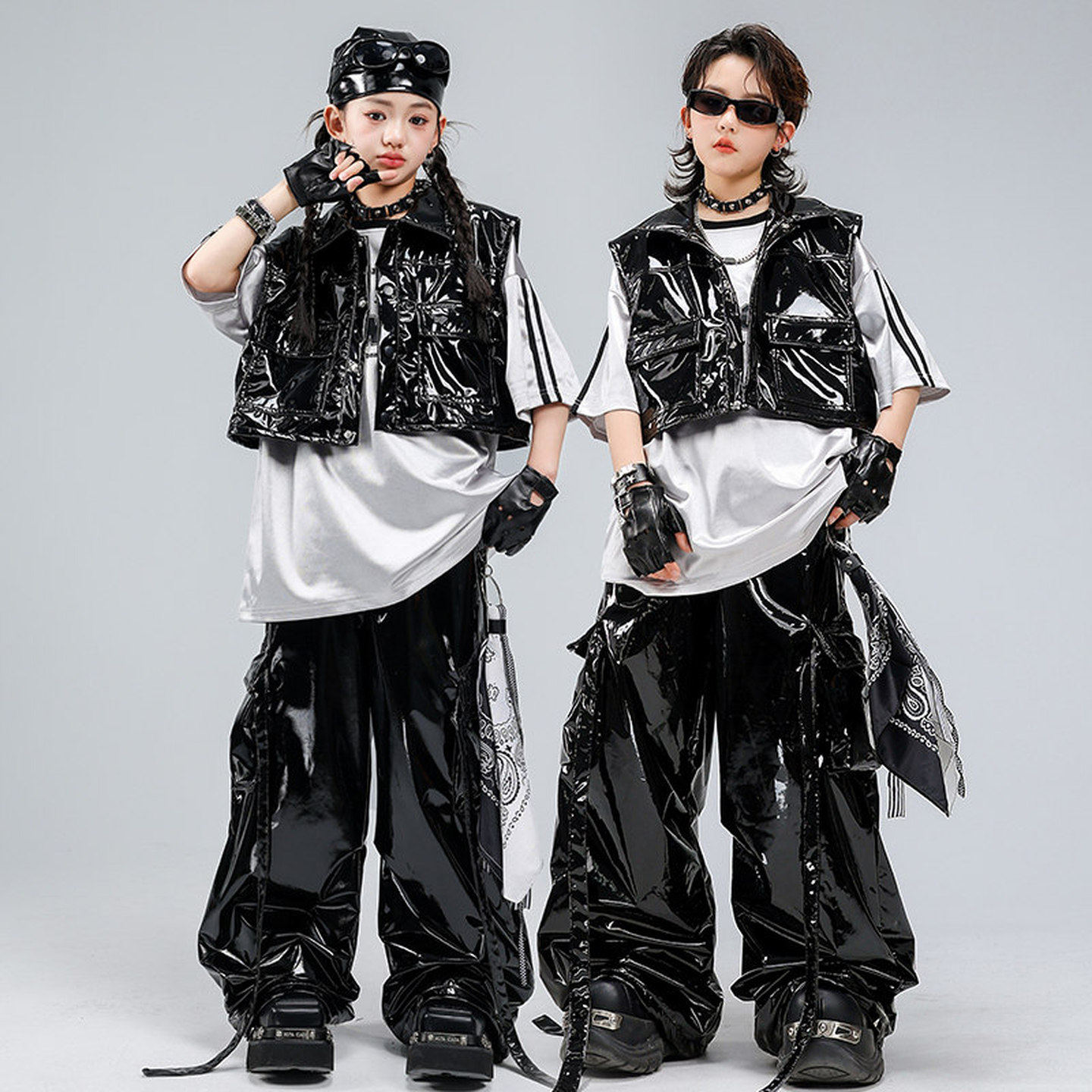 嘻哈街舞服中国风皮衣黑黄端午表演服短袖国潮黑皮宽松衬衫舞蹈服