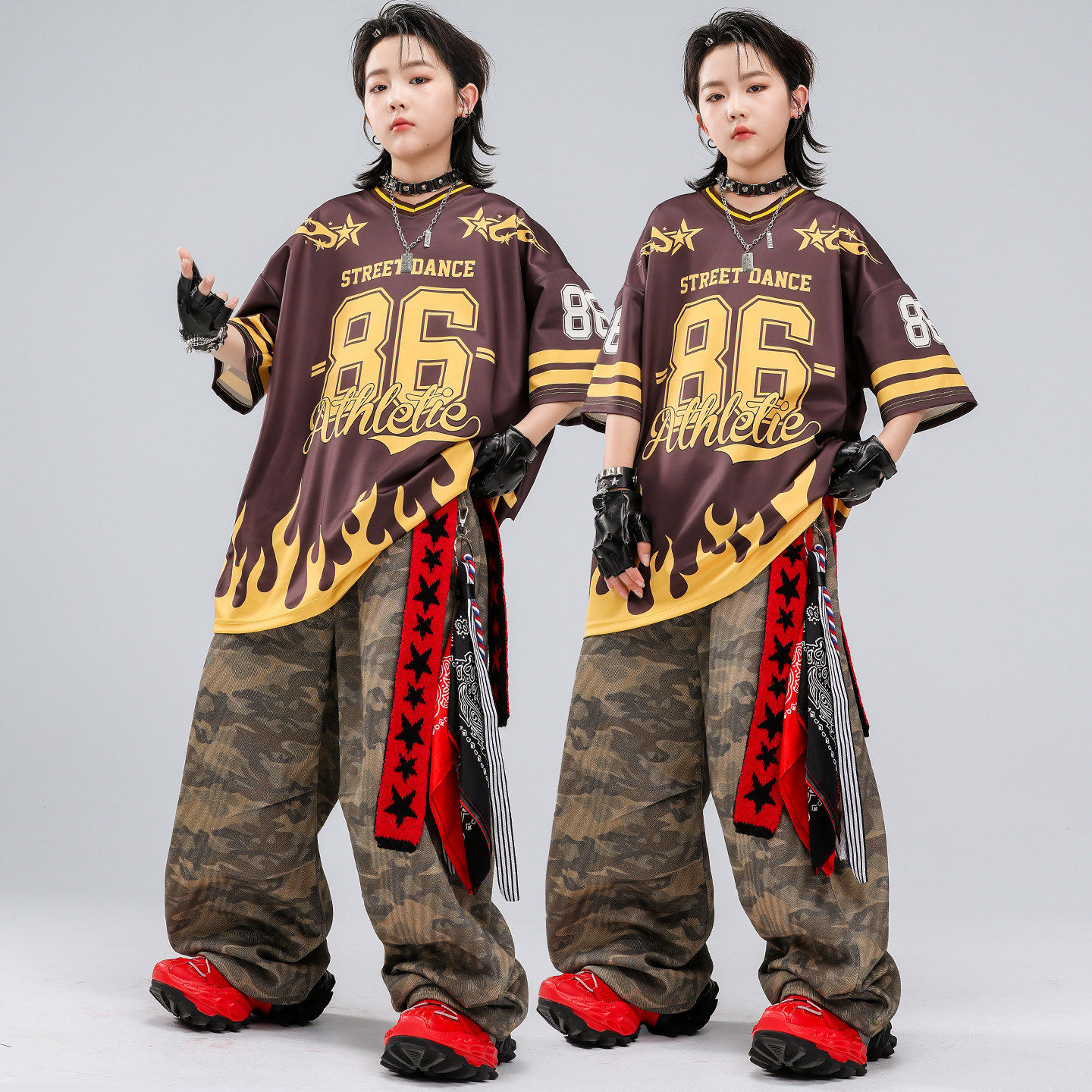 hiphop街舞童装红白字母女童马甲破洞嘻哈黑皮蓝色黑黄迷彩裤男孩