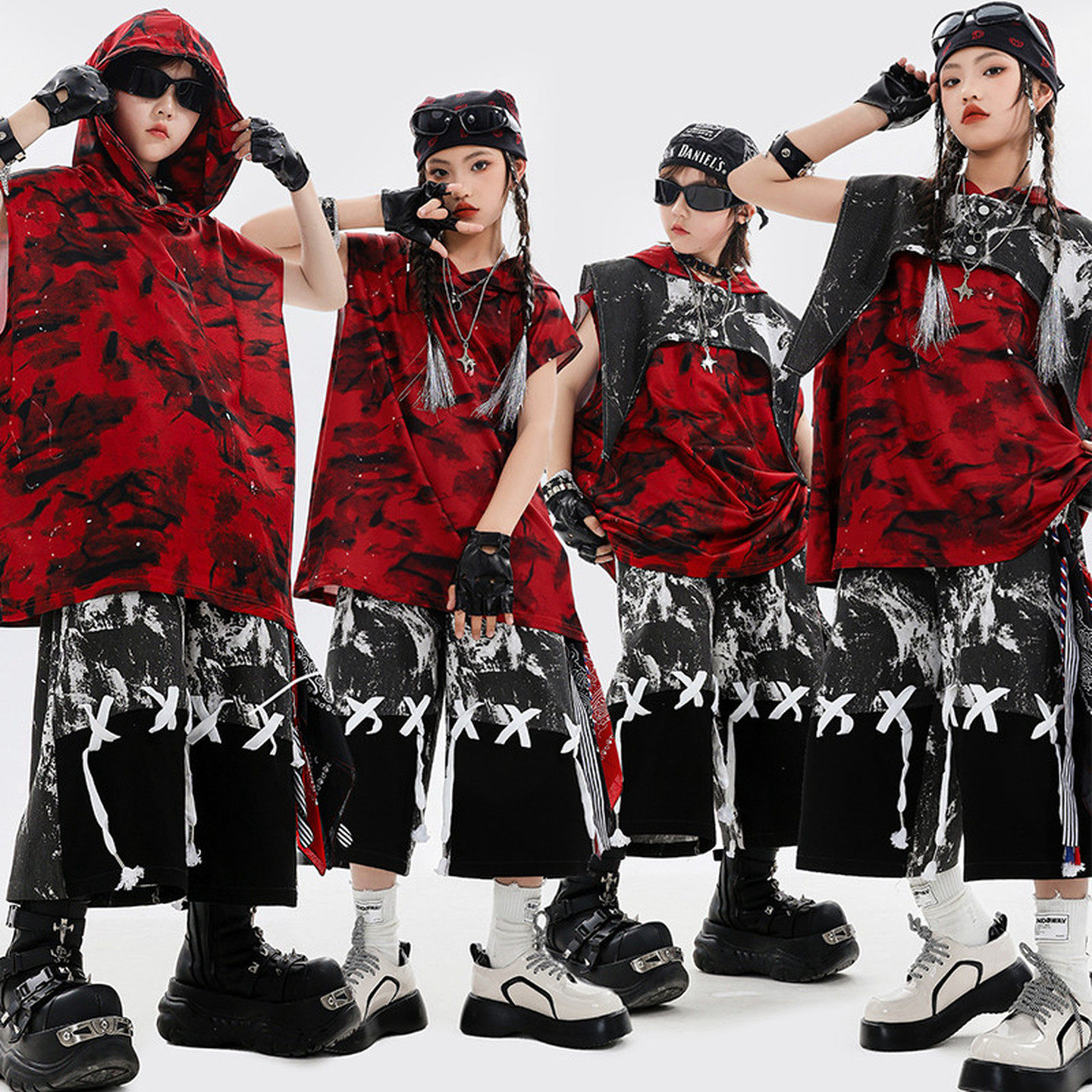 儿童街舞hiphop潮服国潮酷帅迷彩裤条纹字母黑黄夏天网孔套装男孩