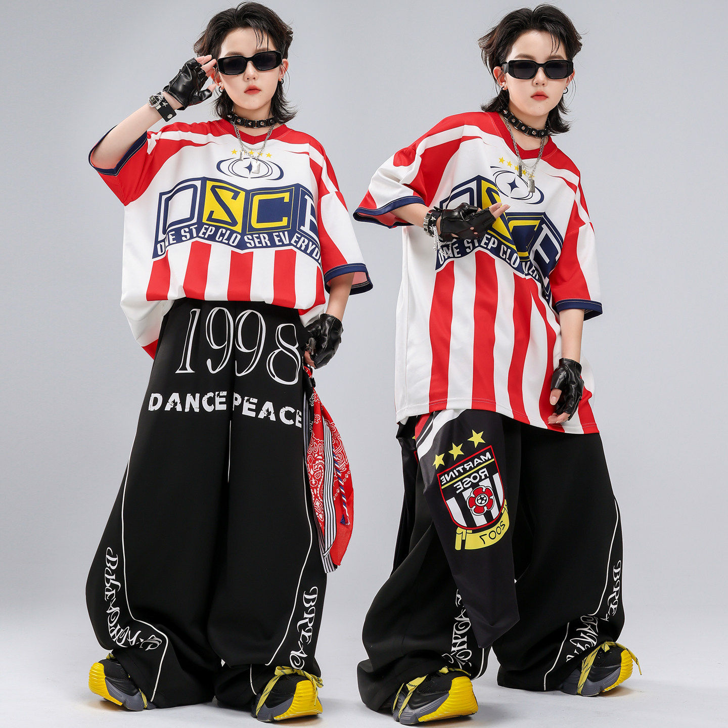 嘻哈街舞服黑红女童蓝色套装hiphop童装黑白表演服装短袖条纹少儿
