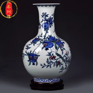 威弗列德中式景德镇陶瓷仿古装饰品手绘青花窑变釉里红三多纹花瓶
