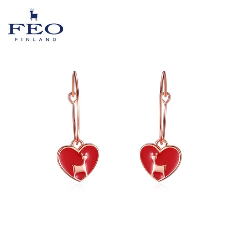 feo925银动物红色心形小鹿耳环
